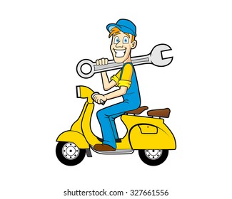 mechanic handyman repairman ride motor scooter cartoon character 