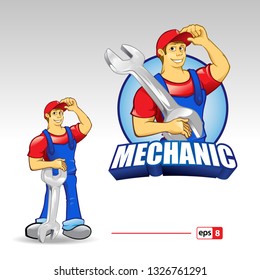 mechanic, handyman wearing work clothes with tool- vector