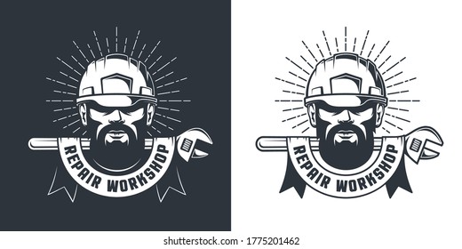 Mechanic in hardhat and wrench - retro emblem. Repair Workshop vintage logo. Vector illustration.