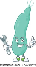 A mechanic helicobacter pylory mascot character fix a broken machine. Vector illustration