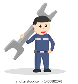 Mechanic holding big wrench illustration