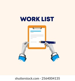 Mechanic holding notebook in hand, write to clipboard. Technician with clipboard. List of works Checklist. Creative concept for web banner, social media banner