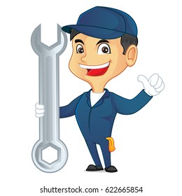 Mechanic holding tool and smiling isloated in white background