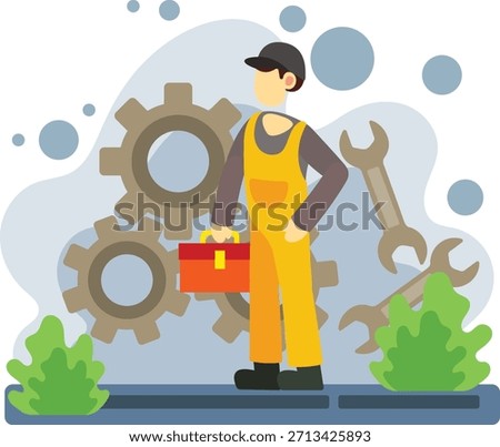 Mechanic holding toolbox with gears background illustration