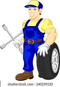 mechanic holding a wheel