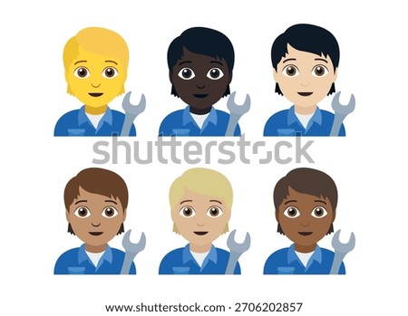 mechanic holding a wrench construction maintenance repair of machinery person non-binary head avatar emoji symbol sign icon vector illustration isolated flat	