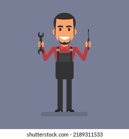 Mechanic holding wrench and screwdriver. Flat people. Vector Illustration