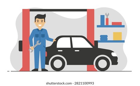 Mechanic holding wrench stands next to repaired car in professional auto garage.