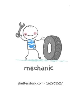 mechanic holding a wrench and a wheel