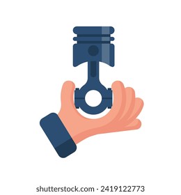 A mechanic holds an engine piston in hand. Spare cars. Engine parts. Vector illustration cartoon design. Isolated on a white background. Element design for web mobile app, print as logo repairs cars.