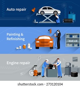 Mechanic Horizontal Banners Set With Auto Engine Repair Elements Isolated Vector Illustration