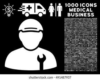 Mechanic icon with 1000 medical business white vector pictograms. Collection style is flat symbols, black background.
