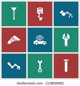 Mechanic icon. collection of 9 mechanic filled icons such as police car, screw, wrench, robot arm. editable mechanic icons for web and mobile.