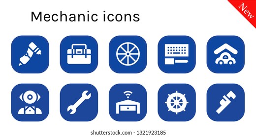 mechanic icon set. 10 filled mechanic icons.  Collection Of - Drill, Toolbox, Wheel, Configuration, Garage, Mentalist, Wrench