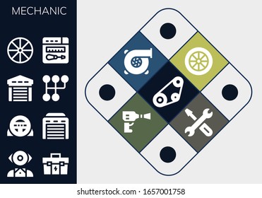 mechanic icon set. 13 filled mechanic icons. Included Timing belt, Mentalist, Toolbox, Steering wheel, Garage, Gearshift, Wheel, Repair, Turbo, Wheel pressure icons