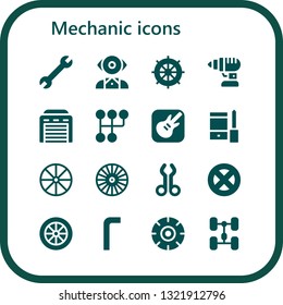 mechanic icon set. 16 filled mechanic icons.  Simple modern icons about  - Wrench, Mentalist, Wheel, Drill, Garage, Gearshift, Garage band, Configuration, Tool, Allen keys, Chassis