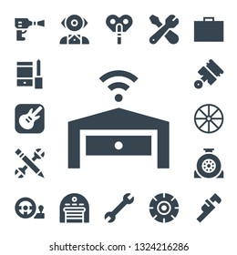 mechanic icon set. 17 filled mechanic icons.  Collection Of - Wheel pressure, Configuration, Garage band, Garage, Pistons, Wheel, Steering wheel, Mentalist, Automaton, Wrench