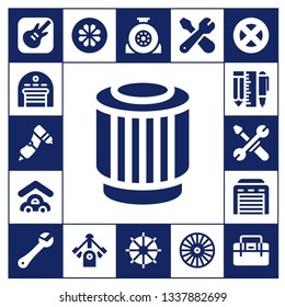 mechanic icon set. 17 filled mechanic icons.  Simple modern icons about  - Garage band, Garage, Drill, Pulley, Tools, Wrench, Wheel, Motor, Steering wheel, Repair, Toolbox