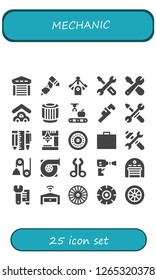  mechanic icon set. 25 filled mechanic icons. Simple modern icons about  - Garage, Drill, Motor, Repair, Pulley, Mechanical arm, Wrench, Tools, Wheel, Toolbox, Turbo, Tool, Wheel pressure