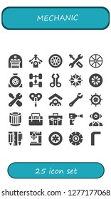  mechanic icon set. 25 filled mechanic icons. Simple modern icons about  - Garage, Motor, Wheel, Repair, Chassis, Tool, Steering wheel, Automaton, Wrench, Pulley, Toolbox, Wheel pressure