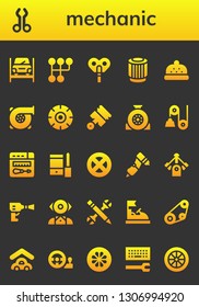 mechanic icon set. 26 filled mechanic icons.  Collection Of - Repairing, Tool, Gearshift, Automaton, Pulley, Bonnet, Turbo, Wheel, Pistons, Repair, Configuration, Drill, Motor