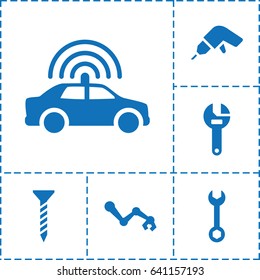 Mechanic icon. set of 6 mechanic filled icons such as police car, screw, wrench, drill