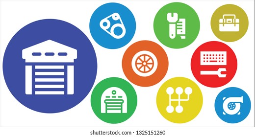 mechanic icon set. 9 filled mechanic icons.  Simple modern icons about  - Garage, Timing belt, Wrench, Gearshift, Wheel, Configuration, Toolbox, Turbo