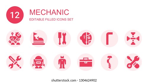 mechanic icon set. Collection of 12 filled mechanic icons included Robot, Bumper car, Tools, Allen keys, Toolbox, Drill, Cross wrench