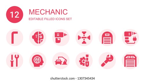 mechanic icon set. Collection of 12 filled mechanic icons included Allen keys, Robot, Drill, Cross wrench, Garage, Tools, Fixed, Robot arm, Screwdriver, Wrench