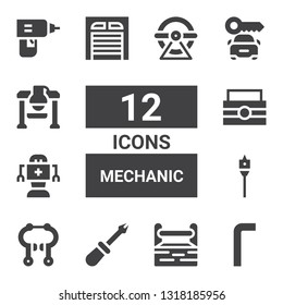 mechanic icon set. Collection of 12 filled mechanic icons included Allen keys, Toolbox, Screwdriver, Brake, Auger, Robot, Garage, Car, Drill, Wheel