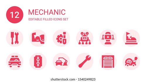 mechanic icon set. Collection of 12 filled mechanic icons included Tools, Arm, Screwdriver, Robot, Safety car, Blade, Robot arm, Wrench, Garage, Bumper car, Car