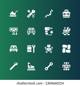 mechanic icon set. Collection of 16 filled mechanic icons included Robot, Wrench, Bumper car, Arms, Configuration, Car, Drill, Wheel, Toolbox, Ratchet