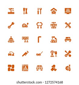 mechanic icon set. Collection of 25 filled mechanic icons included Screwdriver, Car, Maintenance, Arms, Tools, Robot arm, Wrench, Allen keys, Wheel, Robot, Brake, Configuration