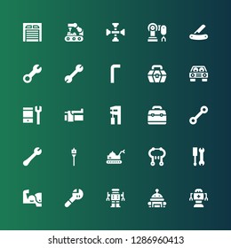 mechanic icon set. Collection of 25 filled mechanic icons included Robot, Wrench, Arm, Tools, Brake, Auger, Toolbox, Configuration, Car, Allen keys, Blade, Robot arm, Cross wrench