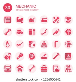 mechanic icon set. Collection of 30 filled mechanic icons included Garage, Arm, Robot, Brake, Wrench, Car, Configuration, Ratchet, Tool, Drill, Allen keys, Tools, Fixed, Blade