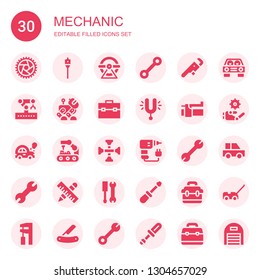mechanic icon set. Collection of 30 filled mechanic icons included Wheel, Auger, Wrench, Robotic arm, Robot, Toolbox, Tuning, Brake, Car, Robot arm, Cross wrench, Drill, Tools