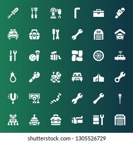 mechanic icon set. Collection of 36 filled mechanic icons included Garage, Configuration, Brake, Toolbox, Robot, Auger, Wrench, Ratchet, Wheel, Tuning, Tool, Car, Arms, Exhaust pipe