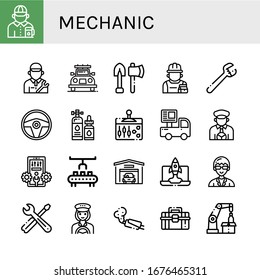 mechanic icon set. Collection of Gas station attendant, Mechanic, Car, Tools, Repairman, Wrench, Steering wheel, Lubricant, Lever, Taxi driver, Configuration, Robot arm icons