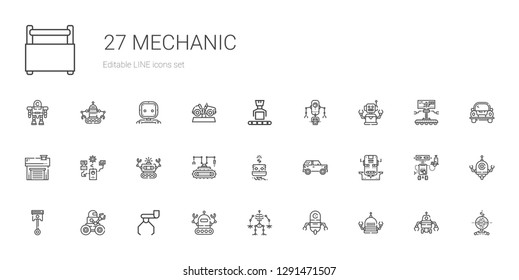 mechanic icons set. Collection of mechanic with robot, automotive, car, garage, toolbox. Editable and scalable mechanic icons.