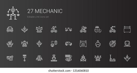 mechanic icons set. Collection of mechanic with robot, automotive, toolbox, car, bumper, wheel. Editable and scalable mechanic icons.