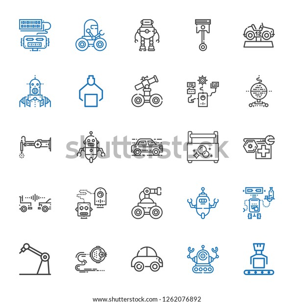 mechanic icons set. Collection of mechanic with\
robot, car, toolbox, automotive. Editable and scalable mechanic\
icons.