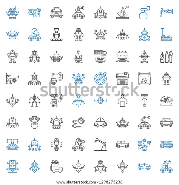 mechanic icons set. Collection\
of mechanic with robot, car, automotive, wheel, toolbox, garage,\
engine, tools, bumper. Editable and scalable mechanic\
icons.