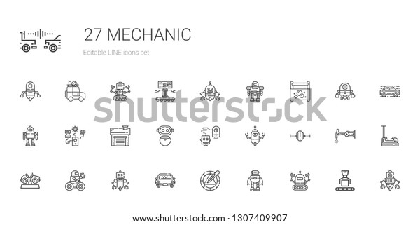 mechanic icons set. Collection of mechanic with\
robot, wheel, car, garage, toolbox, bumper. Editable and scalable\
mechanic icons.