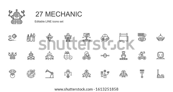 mechanic icons set. Collection of mechanic with\
robot, wheel, car, toolbox, bumper, automotive, tools. Editable and\
scalable mechanic\
icons.