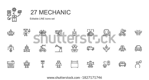 mechanic icons set. Collection of mechanic with\
robot, toolbox, automotive, garage, car. Editable and scalable\
mechanic icons.