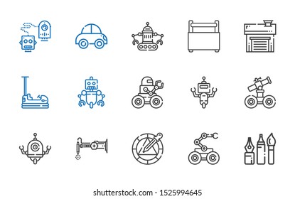 mechanic icons set. Collection of mechanic with tools, robot, wheel, bumper, garage, toolbox, car. Editable and scalable mechanic icons.