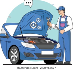 Mecânica de inspeção de motor de carro. Ilustração de desenho animado de um mecânico profissional de macacão de pé ao lado de um carro azul com o capô aberto, segurando uma chave inglesa e inspecionando o motor.