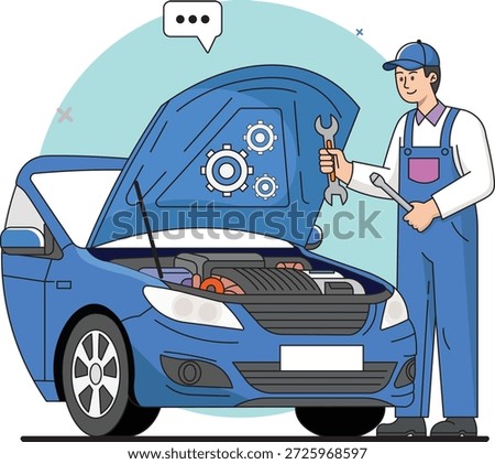 Mechanic Inspecting Car Engine. A cartoon illustration of a professional mechanic in overalls standing beside a blue car with the hood open, holding a wrench and inspecting the engine.