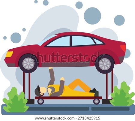 Mechanic inspecting car underside on lift illustration