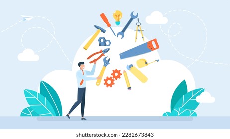 Mechanic juggles tools for repair. The master has a perfect command of the technique. Businessman uses different tools. Engineer juggling using tools. Management concept. Flat vector illustration